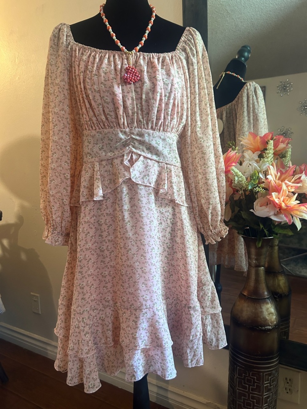 Women’s Pink Floral Midi Dress with Ruffle Waist